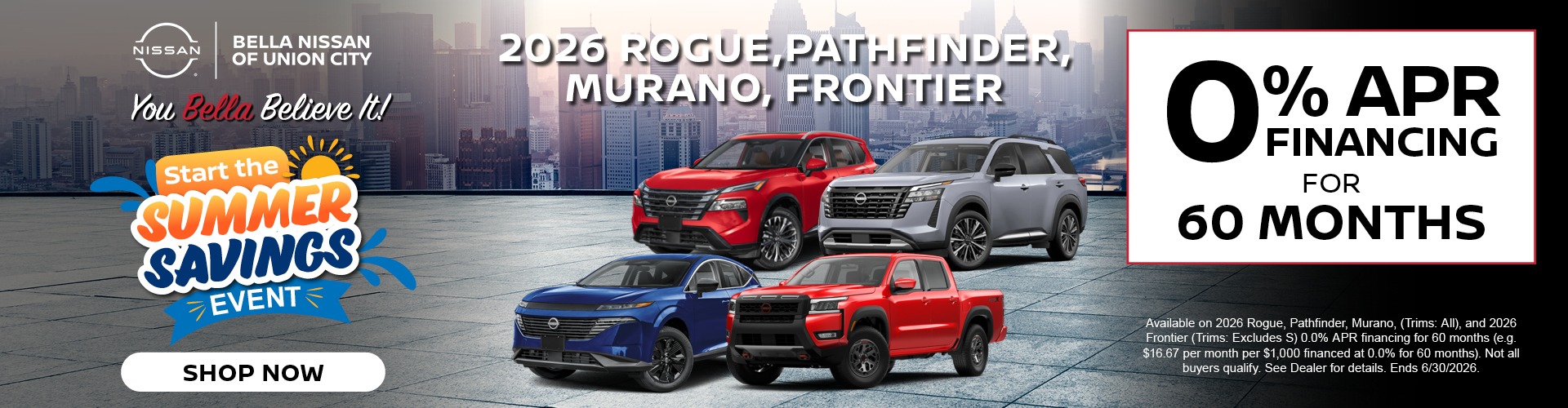 2026 Nissan Rogue Pathfinder Murano Frontier zero percent financing for 60 months at Bella Nissan of Union City